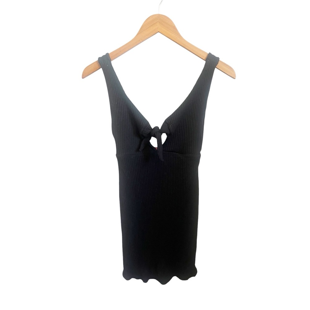 Farm Rio Black Mini Ribbed Knit Tie Front Keyhole Beachy Summer Dress Size Small - Picture 2 of 6